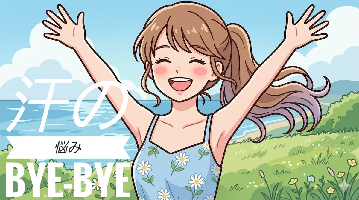 汗の悩みにバイバイして万歳して喜ぶ女性