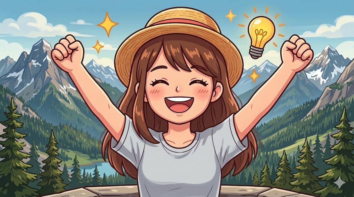 笑顔でばんざいしている女性が山にいる様子